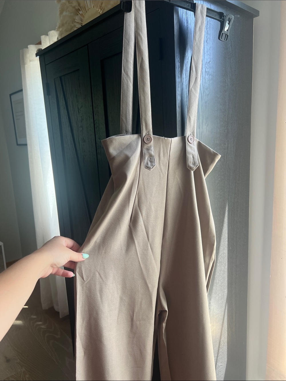 Beige Wide-Leg Suspender Pants